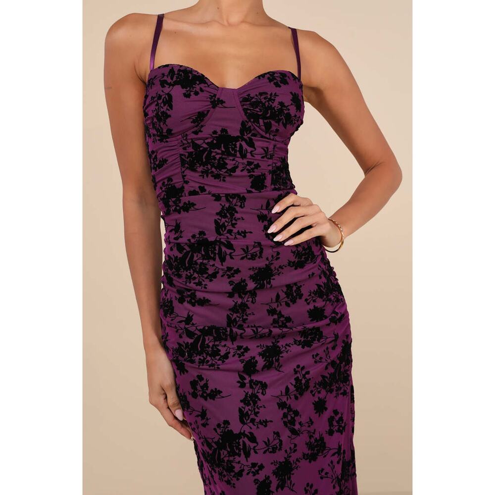 LULU'S NWT Decadent Flirt Purple Mesh Velvet Ruched Bodycon Midi Dress Size XL - Picture 5 of 14